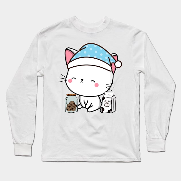 Funny white cat is having a midnight snack Long Sleeve T-Shirt by Pet Station